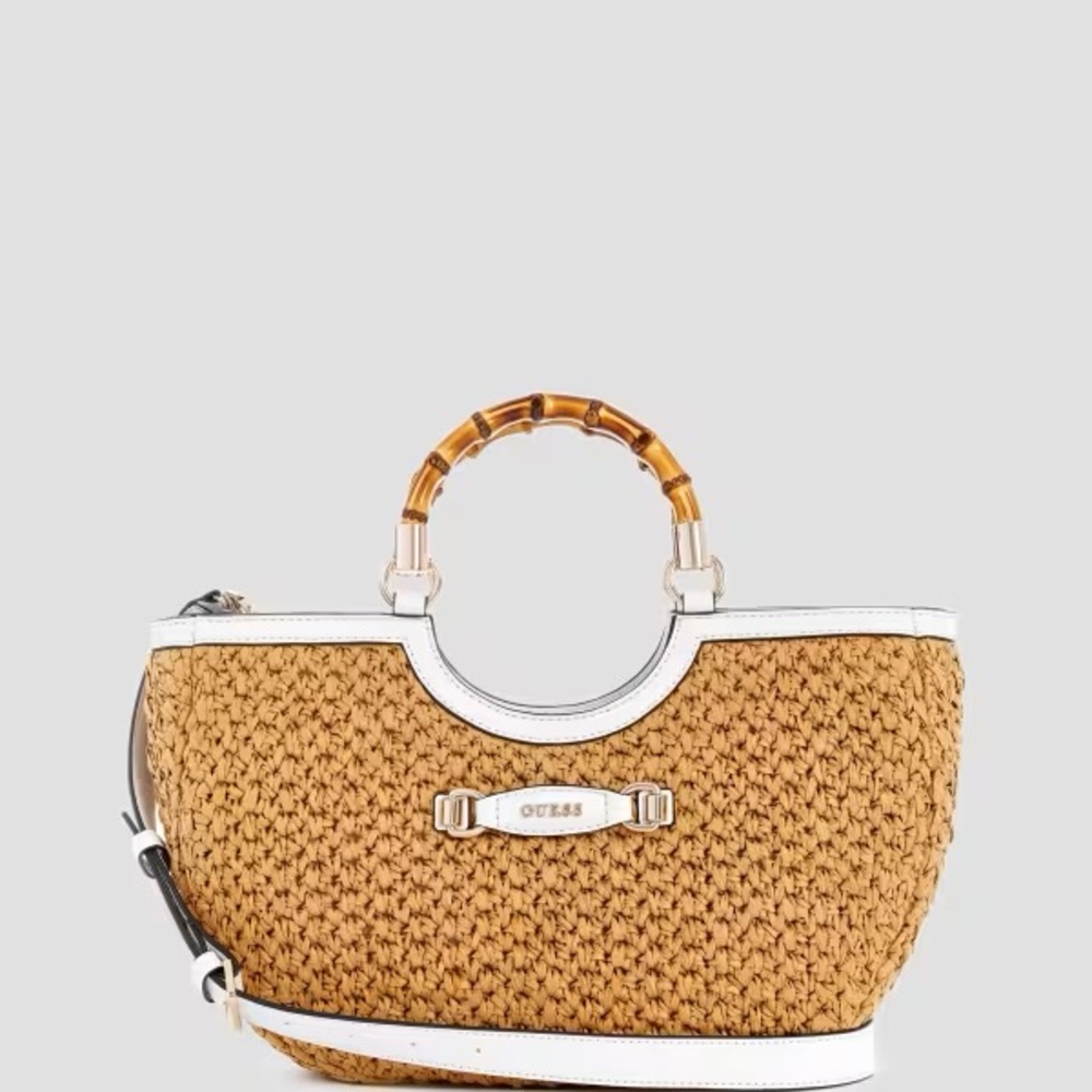 GUESS Tan and White Woven Tote Bag